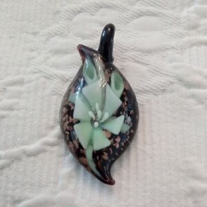 Vintage Handmade Glass Leaf Pendant With Mint Green Blossom and Gold Flecks